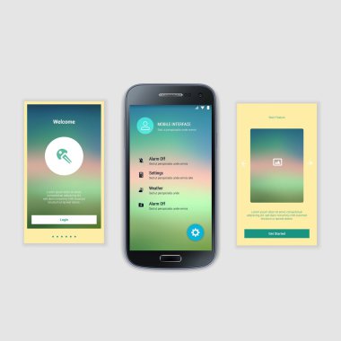Mobil ekranlar kullanıcı arabirimi Kit. Modern kullanıcı arabirimi Ux, hareket eden acımak telefon ya da yanıt veren web sitesi için kullanıcı arabirimi ekran şablonu. Hoşgeldiniz, onboarding, giriş, kayıt ve ev sayfa düzeni.