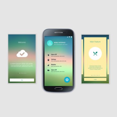 Mobil ekranlar kullanıcı arabirimi Kit. Modern kullanıcı arabirimi Ux, hareket eden acımak telefon ya da yanıt veren web sitesi için kullanıcı arabirimi ekran şablonu. Hoşgeldiniz, onboarding, giriş, kayıt ve ev sayfa düzeni.
