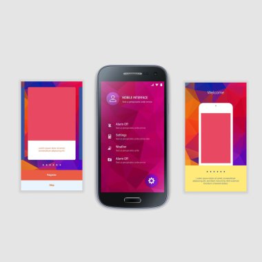 Mobil ekranlar kullanıcı arabirimi Kit. Modern kullanıcı arabirimi Ux, hareket eden acımak telefon ya da yanıt veren web sitesi için kullanıcı arabirimi ekran şablonu. Hoşgeldiniz, onboarding, giriş, kayıt ve ev sayfa düzeni.