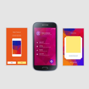 Mobil ekranlar kullanıcı arabirimi Kit. Modern kullanıcı arabirimi Ux, hareket eden acımak telefon ya da yanıt veren web sitesi için kullanıcı arabirimi ekran şablonu. Hoşgeldiniz, onboarding, giriş, kayıt ve ev sayfa düzeni.
