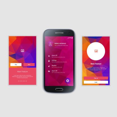 Mobil ekranlar kullanıcı arabirimi Kit. Modern kullanıcı arabirimi Ux, hareket eden acımak telefon ya da yanıt veren web sitesi için kullanıcı arabirimi ekran şablonu. Hoşgeldiniz, onboarding, giriş, kayıt ve ev sayfa düzeni.
