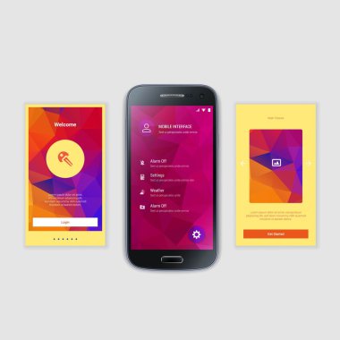 Mobil ekranlar kullanıcı arabirimi Kit. Modern kullanıcı arabirimi Ux, hareket eden acımak telefon ya da yanıt veren web sitesi için kullanıcı arabirimi ekran şablonu. Hoşgeldiniz, onboarding, giriş, kayıt ve ev sayfa düzeni.