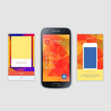 Mobil ekranlar kullanıcı arabirimi Kit. Modern kullanıcı arabirimi Ux, hareket eden acımak telefon ya da yanıt veren web sitesi için kullanıcı arabirimi ekran şablonu. Hoşgeldiniz, onboarding, giriş, kayıt ve ev sayfa düzeni.