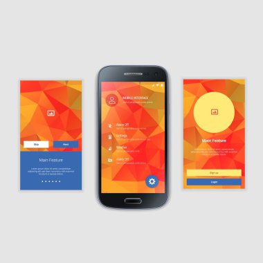 Mobil ekranlar kullanıcı arabirimi Kit. Modern kullanıcı arabirimi Ux, hareket eden acımak telefon ya da yanıt veren web sitesi için kullanıcı arabirimi ekran şablonu. Hoşgeldiniz, onboarding, giriş, kayıt ve ev sayfa düzeni.