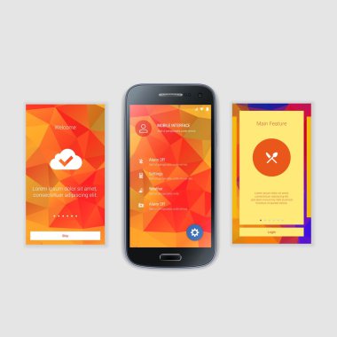 Mobil ekranlar kullanıcı arabirimi Kit. Modern kullanıcı arabirimi Ux, hareket eden acımak telefon ya da yanıt veren web sitesi için kullanıcı arabirimi ekran şablonu. Hoşgeldiniz, onboarding, giriş, kayıt ve ev sayfa düzeni.