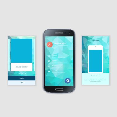 Mobil ekranlar kullanıcı arabirimi Kit. Modern kullanıcı arabirimi Ux, hareket eden acımak telefon ya da yanıt veren web sitesi için kullanıcı arabirimi ekran şablonu. Hoşgeldiniz, onboarding, giriş, kayıt ve ev sayfa düzeni.