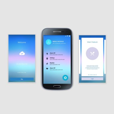 Mobil ekranlar kullanıcı arabirimi Kit. Modern kullanıcı arabirimi Ux, hareket eden acımak telefon ya da yanıt veren web sitesi için kullanıcı arabirimi ekran şablonu. Hoşgeldiniz, onboarding, giriş, kayıt ve ev sayfa düzeni.