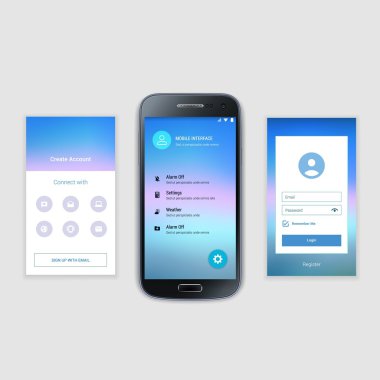 Mobil ekranlar kullanıcı arabirimi Kit. Modern kullanıcı arabirimi Ux, hareket eden acımak telefon ya da yanıt veren web sitesi için kullanıcı arabirimi ekran şablonu. Hoşgeldiniz, onboarding, giriş, kayıt ve ev sayfa düzeni.