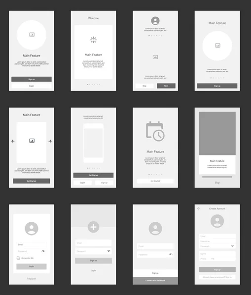 Kit de interfaz de usuario de pantallas móviles. Interfaz de usuario moderna UX, plantilla de pantalla de interfaz de usuario para teléfono inteligente móvil o sitio web sensible. Bienvenida, incorporación, inicio de sesión, registro y diseño de página de inicio . — Archivo Imágenes Vectoriales