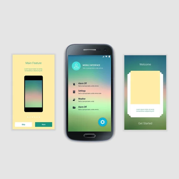Telas móveis Kit de interface de usuário. Interface de usuário moderna UX, modelo de tela UI para telefone inteligente móvel ou site responsivo. Bem-vindo, onboarding, login, inscrição e layout de página inicial . — Vetor de Stock