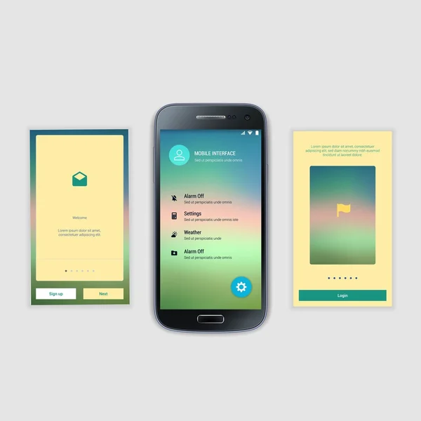 Telas móveis Kit de interface de usuário. Interface de usuário moderna UX, modelo de tela UI para telefone inteligente móvel ou site responsivo. Bem-vindo, onboarding, login, inscrição e layout de página inicial . — Vetor de Stock