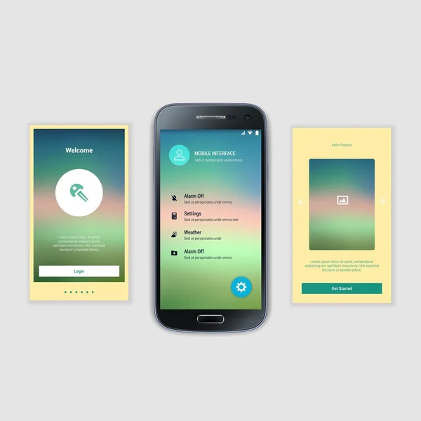 Telas móveis Kit de interface de usuário. Interface de usuário moderna UX, modelo de tela UI para telefone inteligente móvel ou site responsivo. Bem-vindo, onboarding, login, inscrição e layout de página inicial . — Vetor de Stock