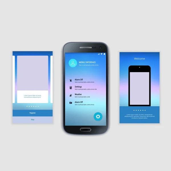 Mobile Screens User Interface Kit. Modern user interface UX, UI screen template for mobile smart phone or responsive web site. Welcome, onboarding, login, sign-up and home page layout. — Stock Vector