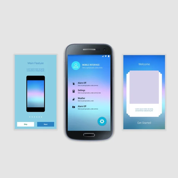 Mobile Screens User Interface Kit. Modern user interface UX, UI screen template for mobile smart phone or responsive web site. Welcome, onboarding, login, sign-up and home page layout. — Stock Vector