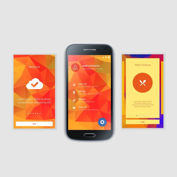 Mobiele schermen User Interface Kit. Moderne gebruikersinterface Ux, Ui scherm sjabloon voor mobiele slimme telefoon of responsieve web site. Welkom, doordat, login, registreren en home pagina-indeling. — Stockvector