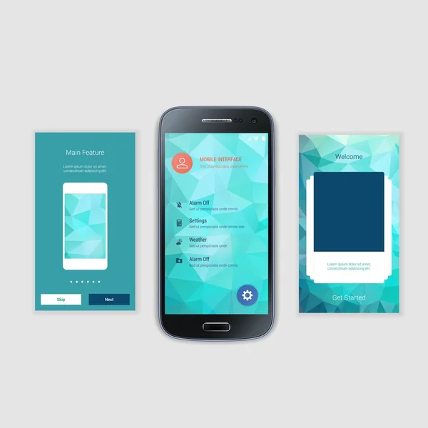 Mobiele schermen User Interface Kit. Moderne gebruikersinterface Ux, Ui scherm sjabloon voor mobiele slimme telefoon of responsieve web site. Welkom, doordat, login, registreren en home pagina-indeling. — Stockvector