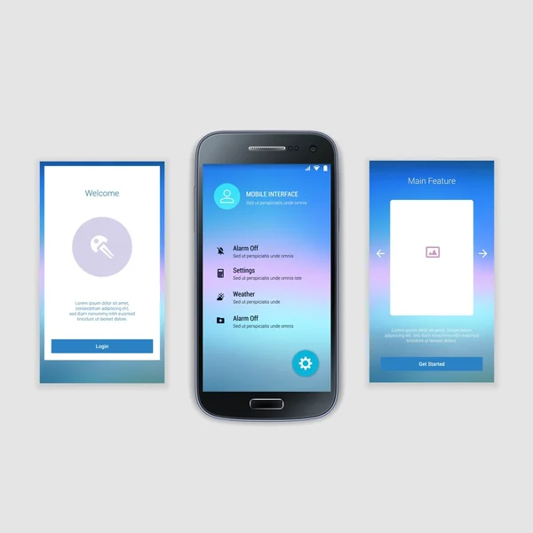 Mobile Screens User Interface Kit. Modern user interface UX, UI screen template for mobile smart phone or responsive web site. Welcome, onboarding, login, sign-up and home page layout. — Stock Vector