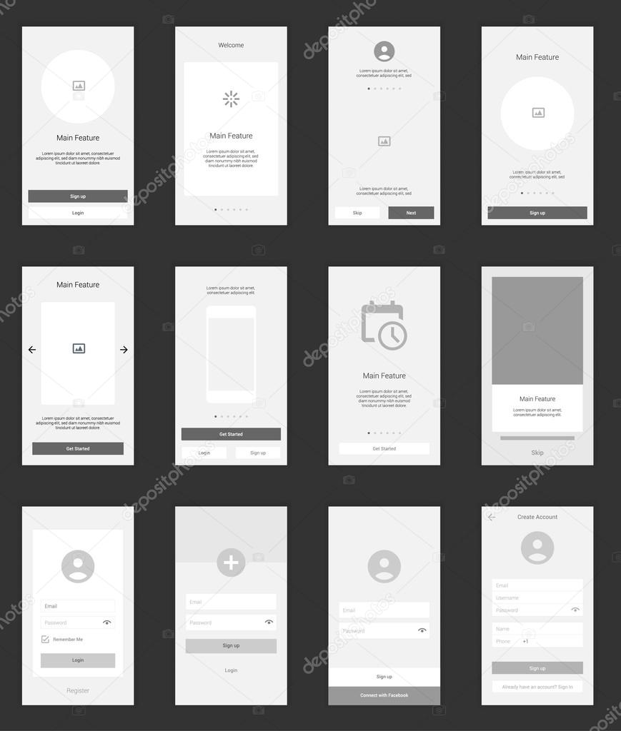 Mobile Screens User Interface Kit. Modern user interface UX, UI screen template for mobile smart phone or responsive web site. Welcome, onboarding, login, sign-up and home page layout.