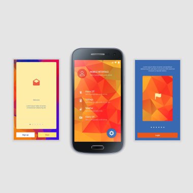 Mobil ekranlar kullanıcı arabirimi Kit. Modern kullanıcı arabirimi Ux, hareket eden acımak telefon ya da yanıt veren web sitesi için kullanıcı arabirimi ekran şablonu. Hoşgeldiniz, onboarding, giriş, kayıt ve ev sayfa düzeni.