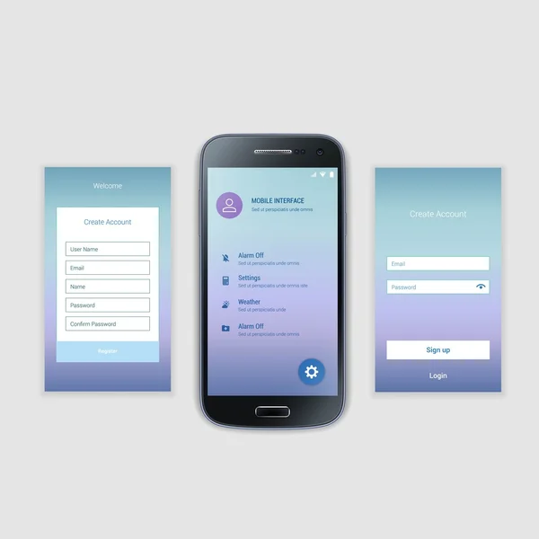 Mobile Screens User Interface Kit. Modern user interface UX, UI screen template for mobile smart phone or responsive web site. Welcome, onboarding, login, sign-up and home page layout. — Stock Vector