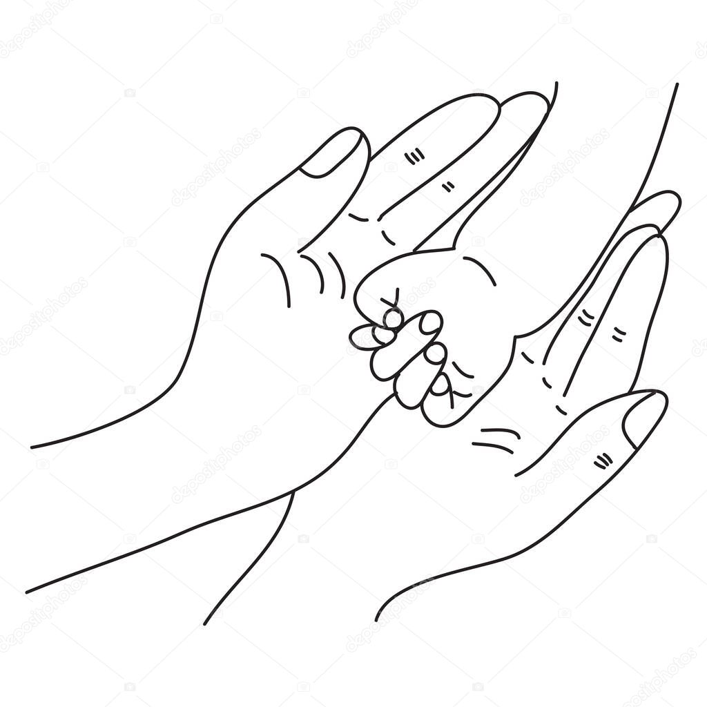 Hand drawn of baby's hand held by parent's hand