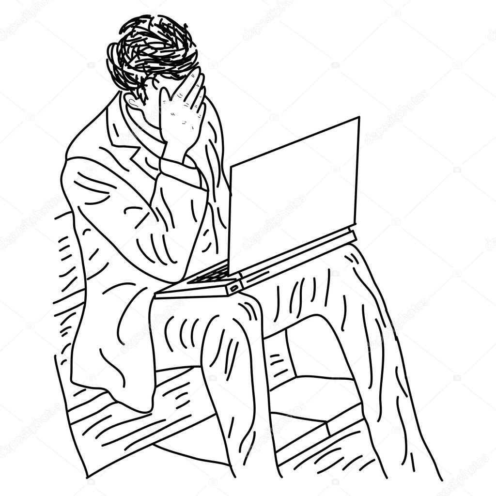Hand drawn of stressed businessman with his computer.