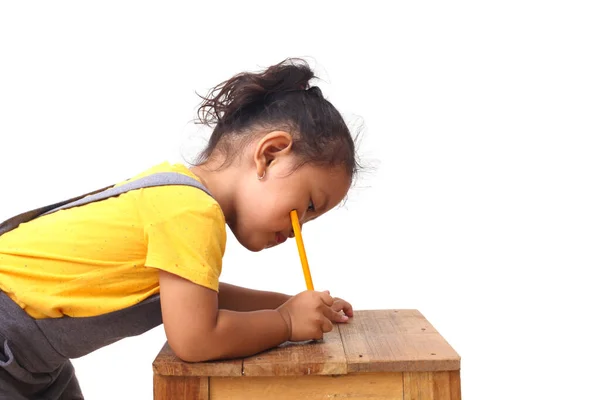 Adorable Asian Girl Learning Write Isolated White Background — Stock Photo, Image