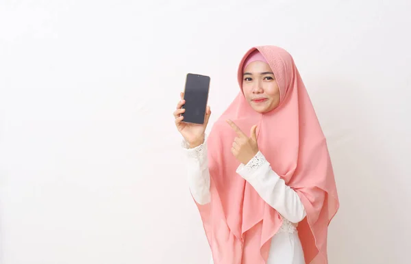 Portrait Happy Asian Muslim Woman Wearing Pink Veil Hijab White — Stock Photo, Image