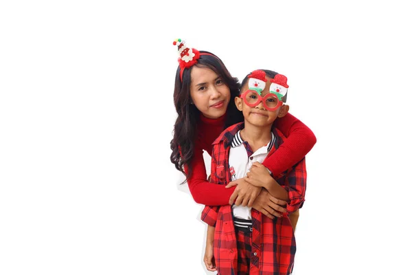 Beautiful Asian Young Mother Standing While Hugging Her Son Christmas — Stock Photo, Image