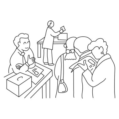 Seçimlerin el çizimi illüstrasyonu. İnsanlar fikirlerini söylemek için sıraya girerler.