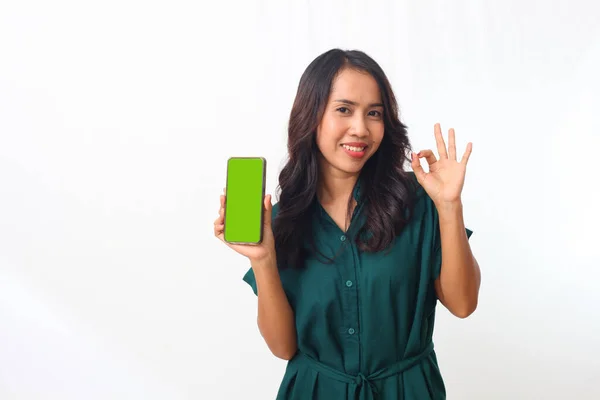 Portrait Asian Woman Showing Presenting Mobile Cell Phone Green Screen — Stock Photo, Image