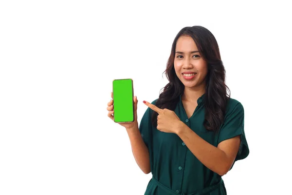 Portrait Asian Woman Showing Presenting Mobile Cell Phone Green Screen — Stock Photo, Image