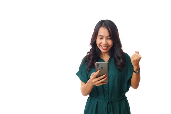 Portrait Happy Shocked Asian Businesswoman Using Mobile Phone Isolated White — Stock Photo, Image