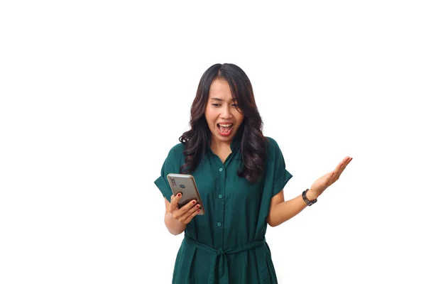 Portrait Happy Shocked Asian Businesswoman Using Mobile Phone Isolated White — Stock Photo, Image