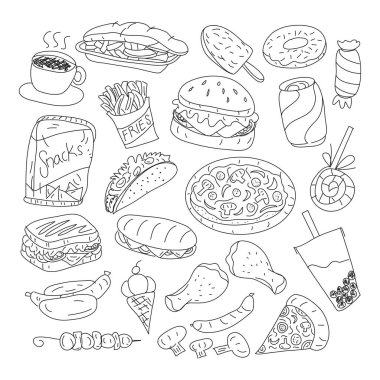 Fast Food Doodle Simgeleri. El yapımı Çizgi Sanatı. Menü Restoranı. Meşhur yemek. Logotype Sembol Tasarımı