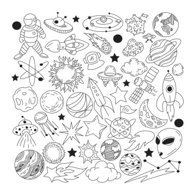 Uzay karalaması. Uzay gezegenlerini, gökcisimlerini, dünyayı, güneşi ve ayı çizmek. Evren uzay gezegenleri vektör illüstrasyon simgeleri ayarlandı. Göksel karalama, ay ve güneş çizimi, evren