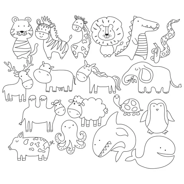 Vector Dibujos Animados Gran Conjunto Animales Garabatos Lindos Perfecto Para — Vector de stock