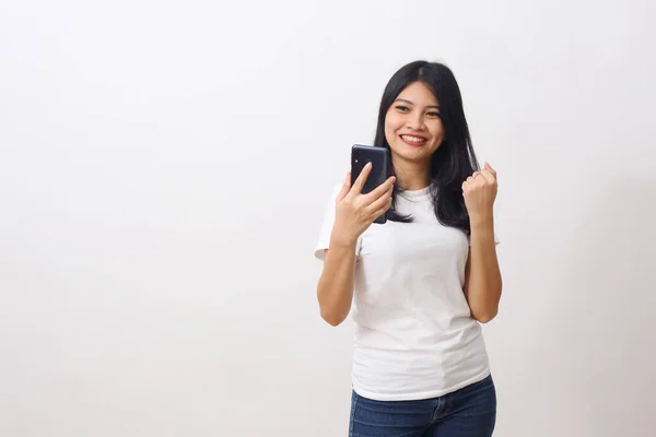 Overjoyed Asian Woman Celebrating Success Smartphone Isolated White Received Good — Stock Photo, Image