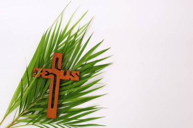 Beyaz arka planda kopyalanmış çapraz ve avuç içi. Palm Sunday konsepti