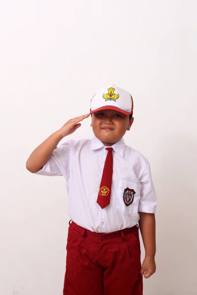Yogyakarta Indonesia Marzo 2021 Uno Studente Delle Elementari Indonesiane Alza — Foto Stock