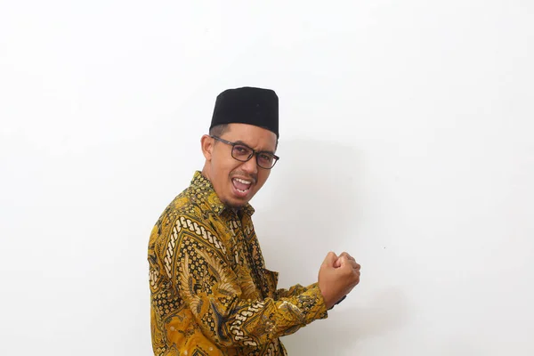 Happy Pemenang Happy Asian Man Gesturing While Standing White Background — Stok Foto
