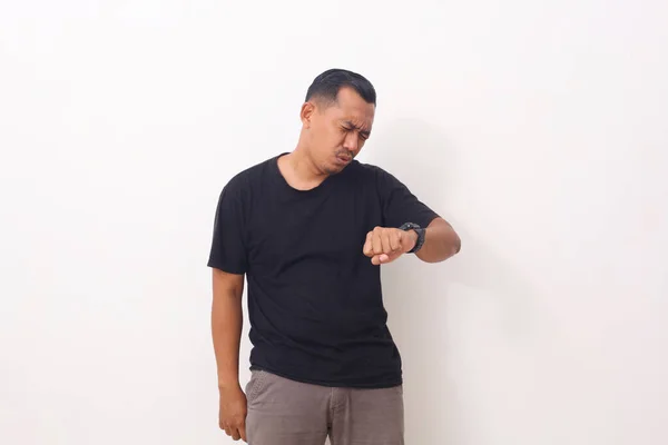 Young Asian Man Worried Time Looking His Wristwatch Time Deadline — Stock Photo, Image