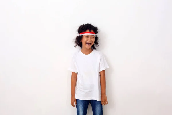 Happy Asian Kid Red White Headband Standing White Background — Stock Photo, Image