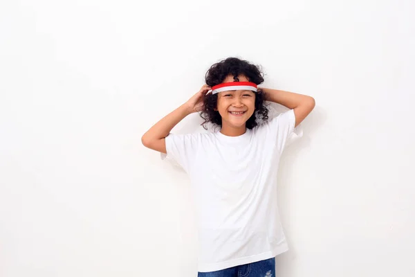 Happy Asian Kid Red White Headband Standing White Background — Stock Photo, Image
