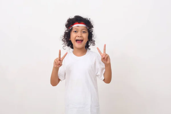 Portré Boldog Ázsiai Kislány Piros Fehér Fejpánt Szimbólum Indonéz Zászló — Stock Fotó