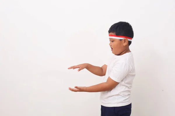 Wow Shocked Face Asian Boy Point Present Empty Space Content — Stock Photo, Image