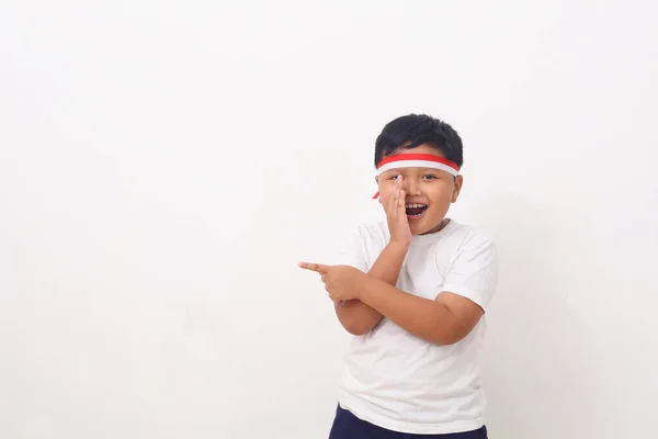 Wow Shocked Face Asian Boy Point Present Empty Space Content — Stock Photo, Image