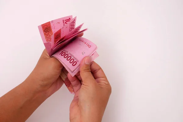 Mano Que Sostiene Moneda Indonesia Billetes 100 000 Rupias Con — Foto de Stock