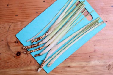 Tahta masada biraz limon otu. Taze bitkiler.