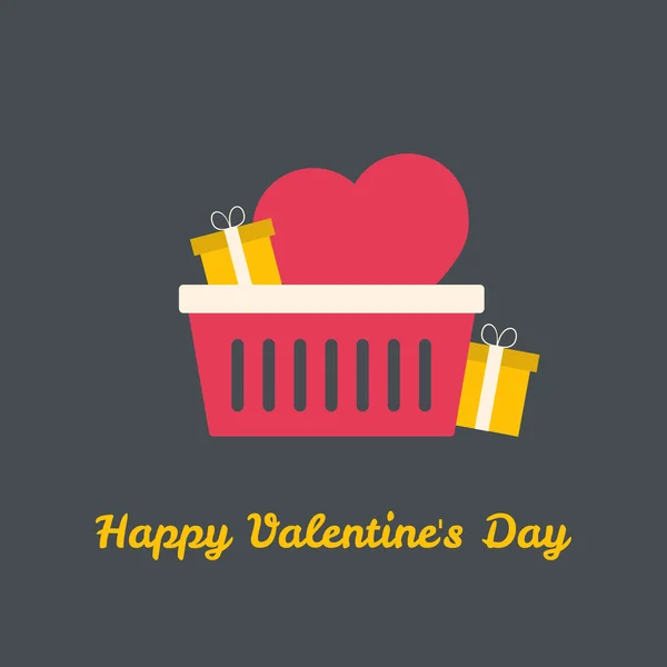 Valentinstag Einkaufskorb mit Herz und Geschenken. — Stockvektor